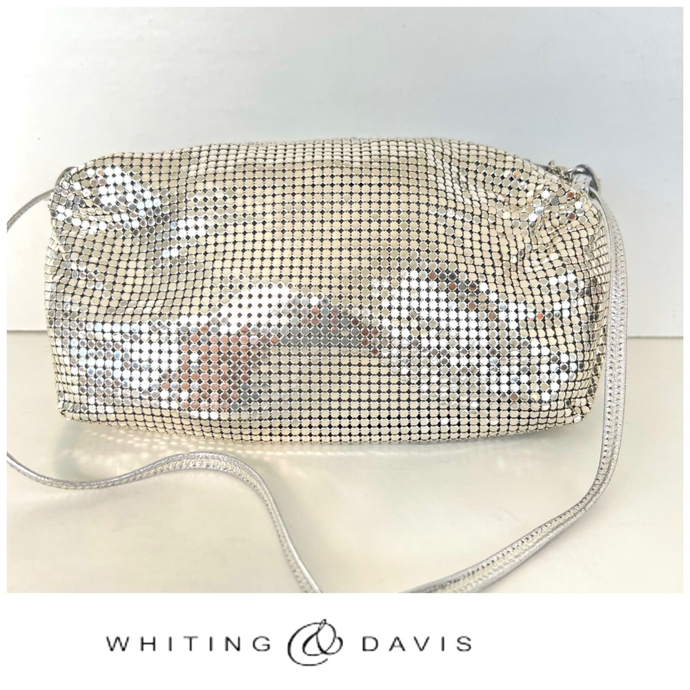 WHITING & DAVIS Metallic Silver Mesh Leather Adjustable Strap Evening Crossbody